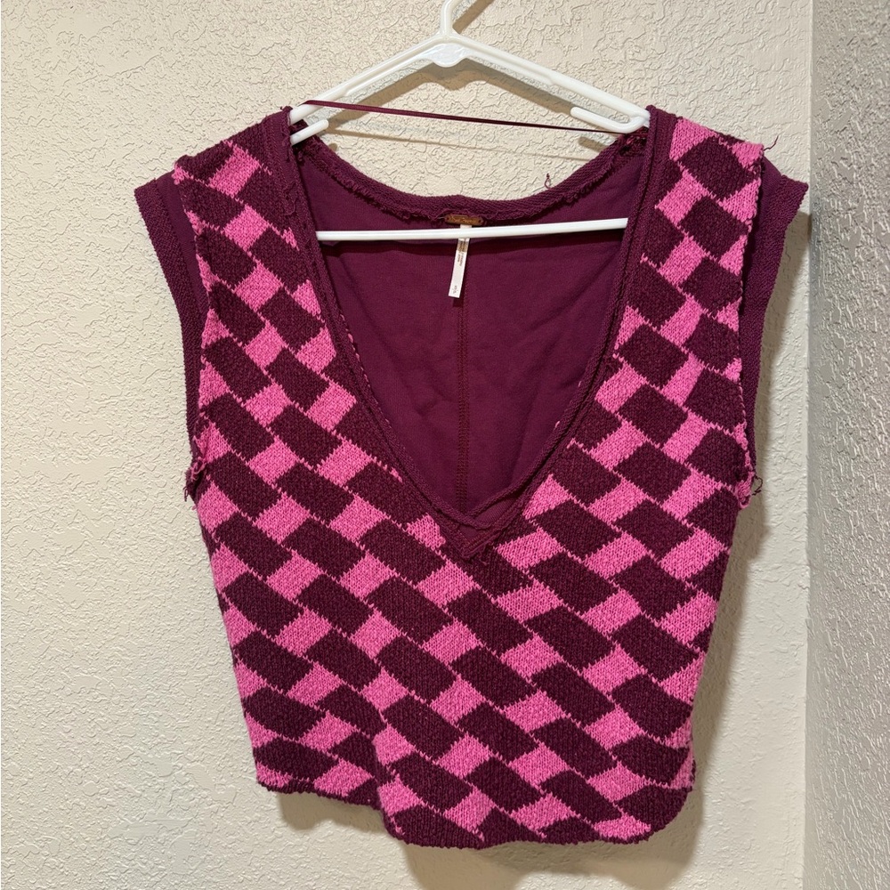 Free People Pink and Burgundy Checkered Crop Top